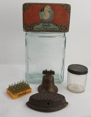 Delco Light Battery Jar, Bank, Other Advertising: 1. Aqua glass battery jar, rectangular with "DELCO-LIGHT" embossed all four sides, base embossed "K X G 7"; 7 1/2" x 4", 10 3/8"H; small chips to top rim---2. Liberty Bell bank advertising the "First 