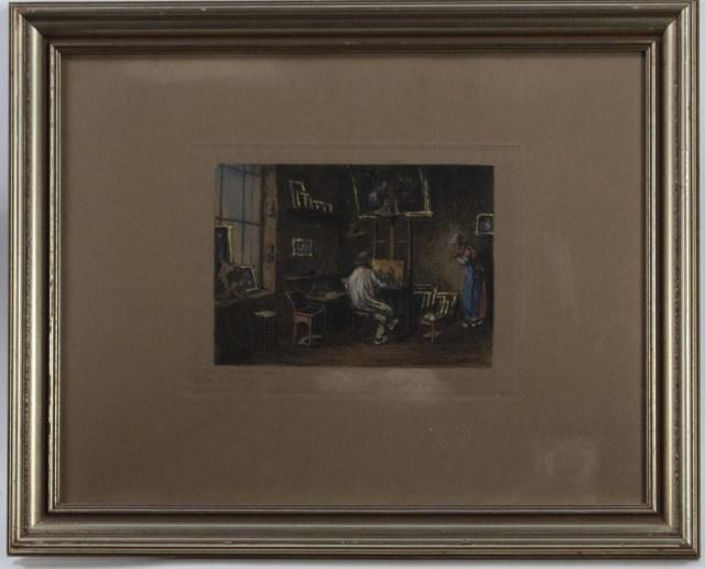 Etching after Jean-Francois Millet (1814-1875): Signed in pencil lower left "J. F. Millet travailler dans son atelier a Barbizon" and "Studio Millet Barbizon", illegible signature or notation in pencil lower right, circular blindstamp lower right m