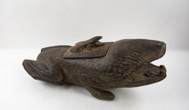 Large Carved Wood Figural Frog Container w/ Lid: Large carved wood frog, back with hollowed out area for storage and having a rectangular lid with carved frog finial; 27"L, 12"W, 11 1/2"H; good condition with age cracks (Ref. 14)