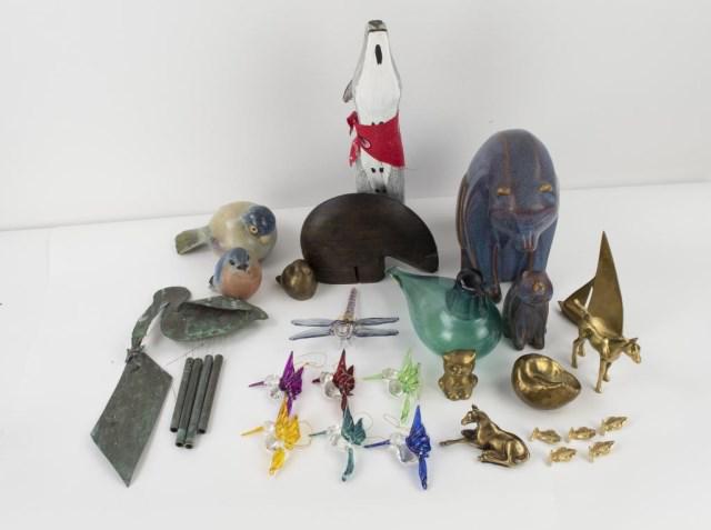 Muurla Glass Bird & Other Animal Figures: 1. Teal glass bird, "Muurla" sticker; 7 1/4"L, 4 3/4"H---2. Carved and painted wood wolf, signed on base "Hector Railby (?) 2014"; 12 3/4"H; age splits---3. Ceramic bear and cub; 8 1/4"H and 4 3/8"H--