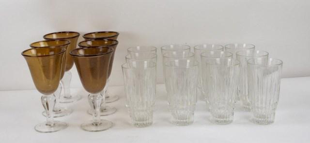 2 Sets Glassware, Italian and Artland: 1. Set of twelve longdrink tumblers, each embossed "Italy" on base; 6 1/2"H, top dia. 3 1/2"; good condition---2. Set of six blown water goblets, Iris Amber by Artland; 8 1/8"H, 4 1/2" top dia.; good 