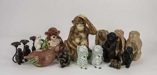 Lot of Ceramic & Metal Figural Monkeys: 15 total monkey figures: 1. Pair of hand painted green fishnet porcelain monkeys, Andrea by Sadek; 5 3/8"H; good condition---2. Vietri ceramic monkey canister, made in Italy; 7 1/4"H; minute chip to b