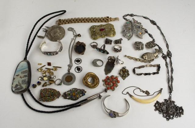 Misc. Sterling & Costume Jewelry: 1. Sterling mounted carved crescent bone necklace on chain, mounts and clasp marked "Sterling" or "925"; 15 1/2"L---2. Italian Fratelli Coppini .800 silver necklace and pendant, openwork pendant with