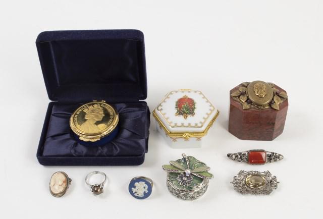 Vintage Sterling & 800 Silver Jewelry, 4 Boxes: Nine total items: 1. Brooch with rectangular carnelian at center, flanked on each side by floral and leaf decoration, back with partial "Germany" and partial "Sterling" marks; 1 7/8"L, 1/2"W---2. Fili