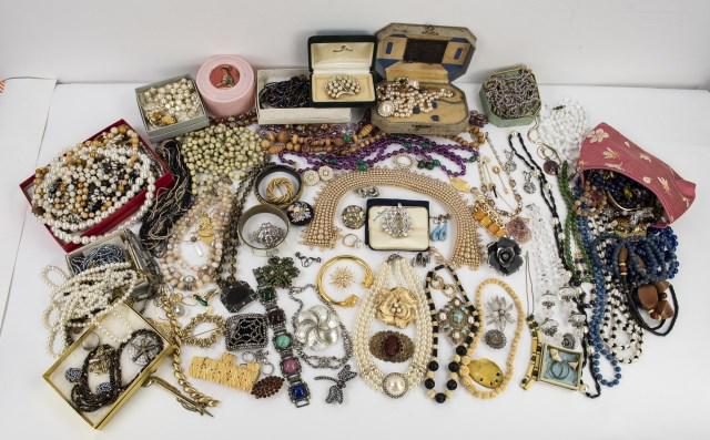 Large Lot of Vintage and Costume Jewelry: Marks include Selro Corp., Coro, Francois, Park Lane, Lisner, Trifari, Danecraft, Made in Austria, France, Sarah Coventry, Karu-Arke, MMA MAd, Czechoslovakia, ART, P.D., Japan, Korea, JBW Just The Rig