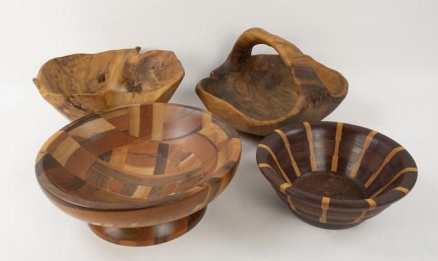 Burl Wood & Other Signed Wood Bowls: Four mid to late 20th century wood bowls: 1. Burl wood bowl with handle, stamped on base "CON"; 11" x 9 7/8", 7 1/2"H---2. Burl wood bowl; 11 3/4" x 11 1/4", 5 1/4"H---3. Round bowl with tapered sides