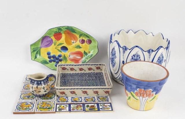 Portuguese, Spanish, Polish, Hungarian Ceramics: Lot of 22 ceramic pieces: 1. Portuguese hand painted blue and white jardiniere; 9 1/2" dia., 7 1/4"H; some mineral staining to bottom of interior---2. Portuguese planter decorated with flowers on a bl