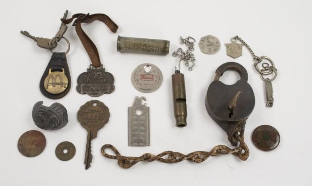 Misc. Smalls--Royal Arch Masons, Watch Fob, Etc.: 1. Royal Arch Masons symbolic medallion, Keystone Chapter No. 20, Fort Lauderdale; approx. 1" x 1"---2. J. I. Case Threshing Machine Co.advertising watch fob on leather strap; approx. 1 3/4" x 1 3/4" 