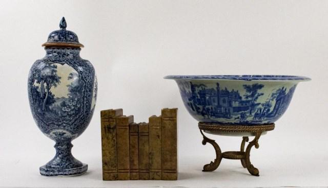 Bowl on Stand, Royal Bonn Urn, Marble Bookends: Three items: 1. Blue and white ironstone bowl, on a brass stand with dolphin feet, late 20th century; 12 3/8" dia., 5"H without stand, 8 1/4"H with stand; good condition---2. Franz Ant Mehlem Royal Bo