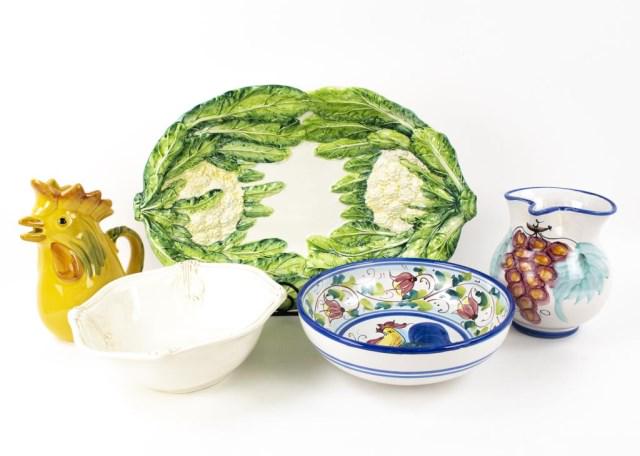 5 Vietri Italian Ceramic Pieces: All marked for Vietri, all made in Italy: 1. Large serving platter with cauliflower motif, No. 6114/50; 20 1/4"L, 13 1/2"W, 3 3/4"H---2. Rooster pitcher; 10"H---3. Round center bowl, painted with roos