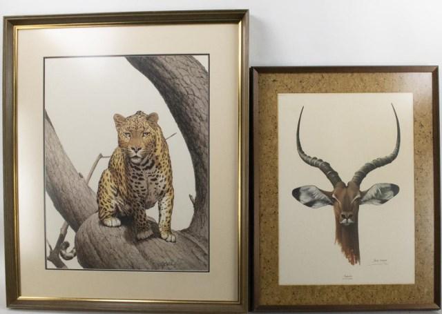 Guy Coheleach & Ray Harm Signed Wildlife Prints: Two framed wildlife prints, each signed in pencil by artist: 1. Leopard by Guy Coheleach; 29"W x 34"H---2. Impala by Ray Harm; 22 1/4"W x 28 1/4"H; both in good condition (Ref. 203)