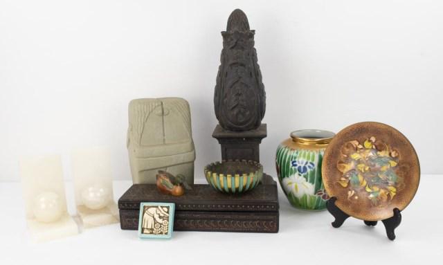 Lot of Decorative Items & Museum Reproductions: Nine items: 1. Mid century Oppenheim, Israel, brass bowl having a ribbed exterior with alternating brass and painted green ribs, hammered well, base incised "Oppenheim - Israel"; 4 1/2" dia., 1 7/8"H;