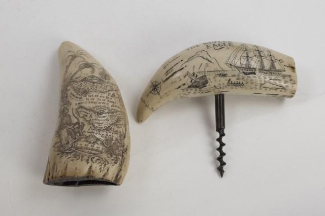 Two Faux Whale Teeth Scrimshaw Carvings: 1. Depicting scenes dated 1856 with "The Whaler Eagle" ship and figures harpooning a whale, mounted as a corkscrew; 5 1/4"L---2. Depicting map of islands and native figure sitting beneath palm trees a