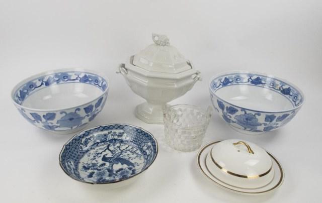 Williams-Sonoma, Noritake Nippon, Fostoria, Etc.: Pair of chinoiserie blue and white porcelain footed punch bowls, Williams-Sonoma Grande Cuisine; 12" dia., 5 3/4"H---Chinoiserie blue and white porcelain bowl decorated with a peacock perched on a flo