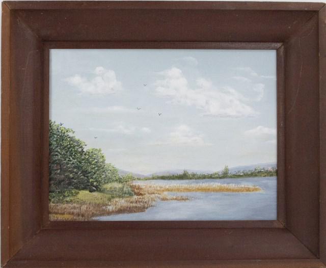 Signed American Southern Coastal Painting: Oil on artist board depicting a southern coastal scene with gulls flying overhead, signature lower left appears to be "C Meyers", ogee pine frame; sight 15"W x 11 1/4"H; frame 20 1/2"W x 16 3/4"H; goo