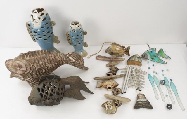 Carved Wood Fish, 2 Fish Vases, 3 Wind Chimes, +: 1. Large carved wood fish; 19"L, 8"H---2. Two ceramic fish vases; 13"H and 9 1/2"H---3.. Pottery fish and seashell wind chime; 35"H; needs hanger---4. Whimsical eaten fish wind chime having a painted 