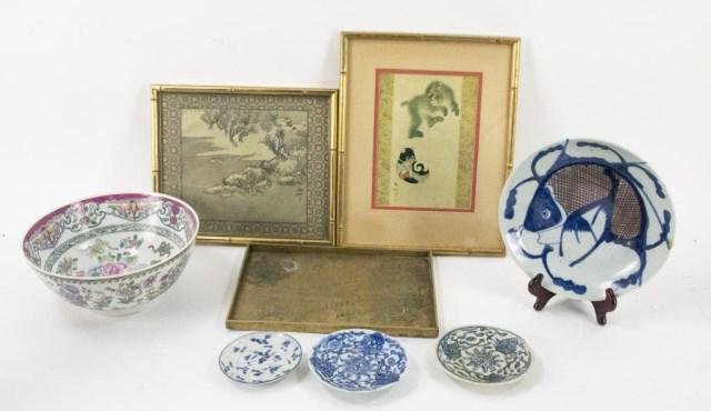 Lot of 8 Asian Decorative Objects: 1. Chinese ceramic fish plate or shallow bowl, decorated in blue under glaze with a large reddish/brown checkered fish at the well; 10" dia., 1 5/8"H; repair to rim---2. Three small Chinese blue and w