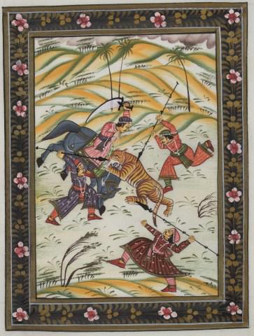 Indo-Persian Painting of a Tiger Hunt: Gouache and watercolor on fabric, depicting a hunting party dispatching a tiger, three figures on foot with spears and one figure on horseback with a machete, unframed, 20th century; sight 8 1/2"W x 1