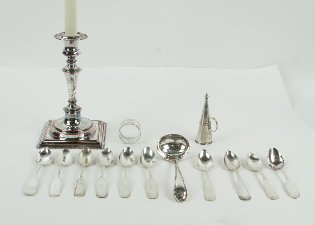 Coin Silver Spoons, Walker & Hall Ladle, Other: Ten coin silver teaspoons including a set of five 6 1/8"L with upturned tipt fiddle handles, marked "M. Benedict", monogram; plus five individual coin silver teaspoons; marks include G. S. & G. L. Rog