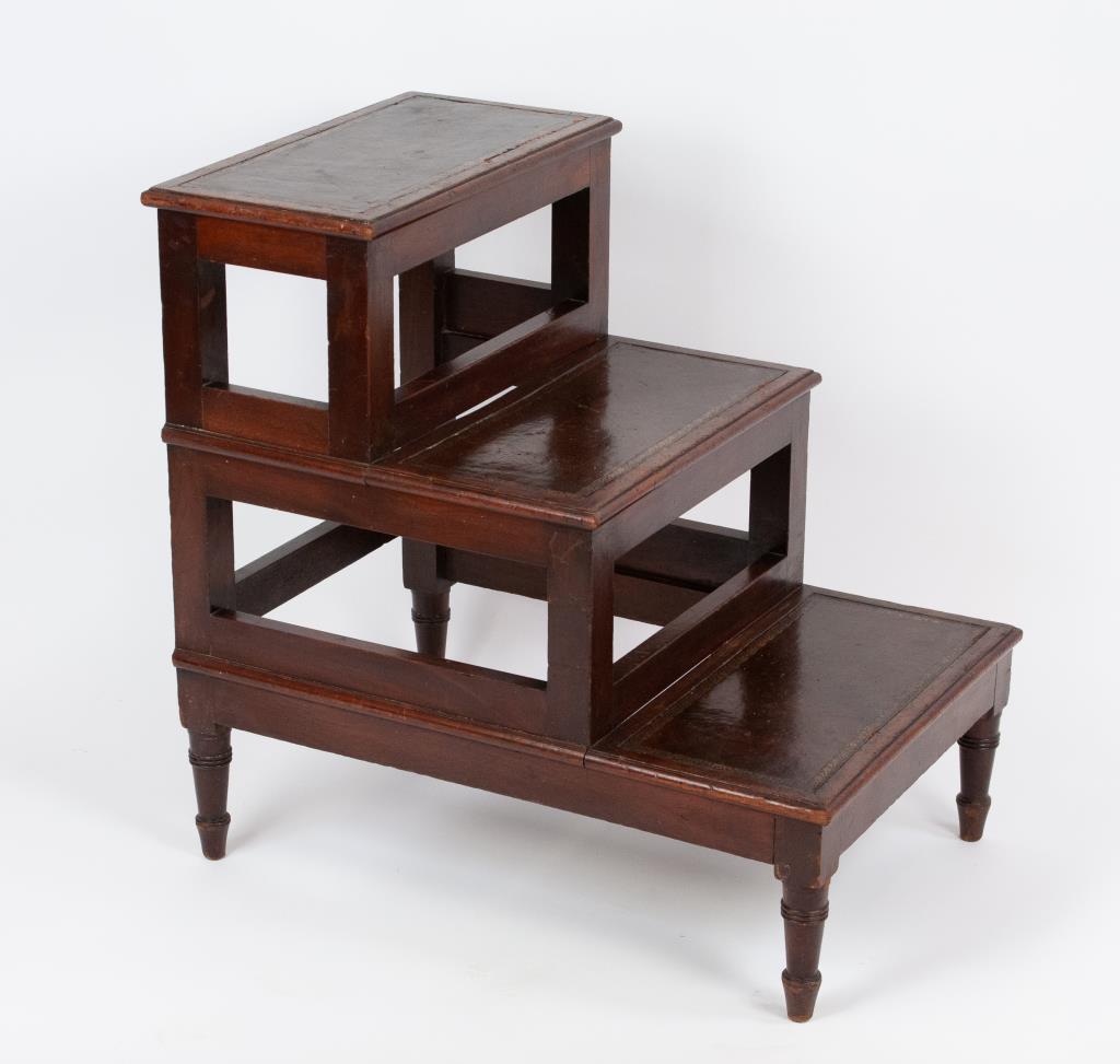Edwardian Mahogany & Tooled Leather Bed Steps: Late 19th/early 20th century, three steps with tooled leather insets, turned legs; 18 1/2"W, 27"D, 27"H; good overall condition with minor abrasions and losses commensurate with age and use (Ref. 10)