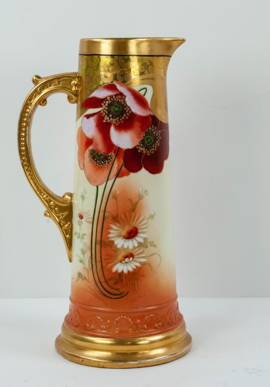 Yeschek Pickard Limoges Tankard, 14 1/2"H: Large Art Nouveau style Pickard china tankard hand painted with colorful poppies, daisies and gilt decorations; gilt handle; base with scroll and shell border in relief over a gilt circular foot; arti