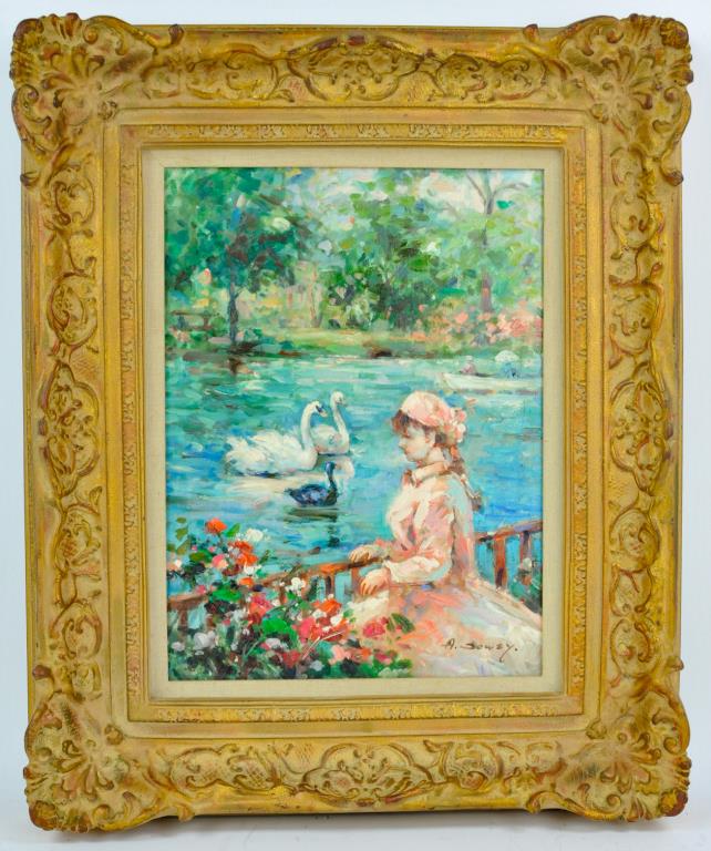 Signed Oil on Canvas, Lady and Swans: Impressionistic oil on canvas depicting a park scene with lady standing at railing and watching a pair of swans and a duck in the water, other figures in a boat against a floral and foliate background