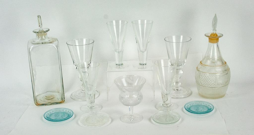 Edinburgh Crystal, Pairpoint, Col. Williamsburg: 1. 4 5/8"H stem in Thistle pattern by Edinburgh Crystal---2. Blown three-mold sunburst and diamond colorless decanter, sunburst stopper, base marked with acid etched "Pairpoint"; 10 1/2"H---3. Colonia