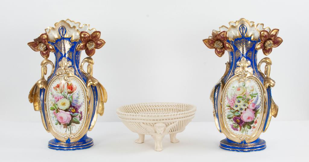 Pr. Old Paris Vases & Italian Creamware Bowl: Pair of Old Paris cobalt porcelain vases, front having hand painted floral bouquets, large molded flowers at top and foliate form handles on sides; 16 3/4"H; both with extensive repairs and losses---R