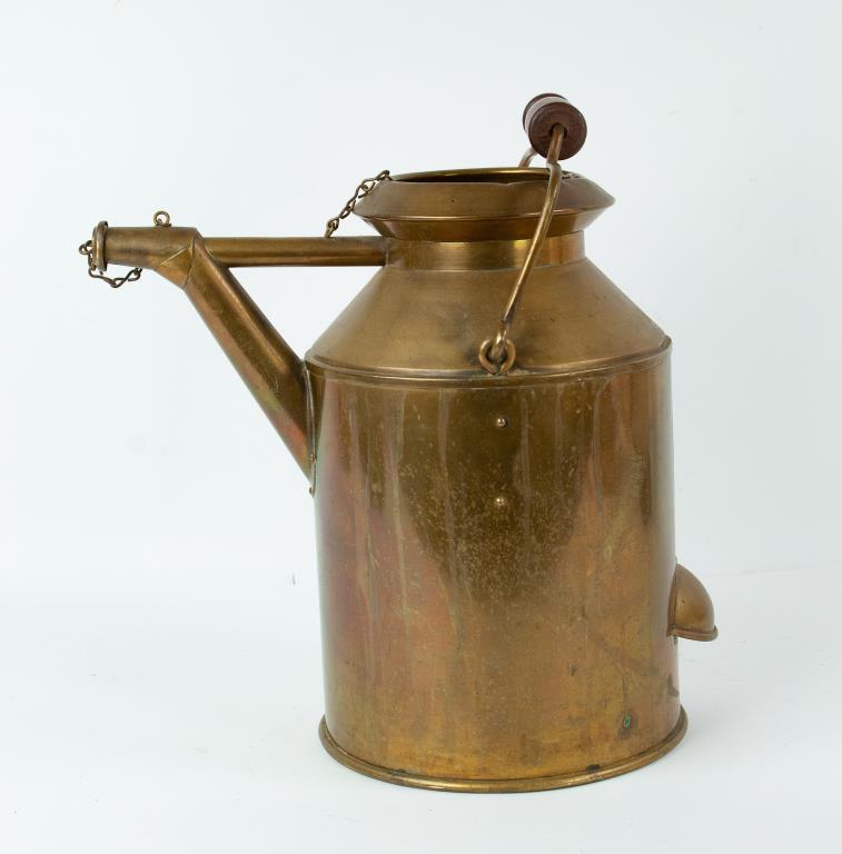 Antique U.S. Lighthouse Service Oil Transfer Can: Approximately three-gallon brass oil transfer can having bail handle with wood insert and side lug handle, lid with chain attached, spout having cap with chain attached, marked on base "U.S. Lighthous