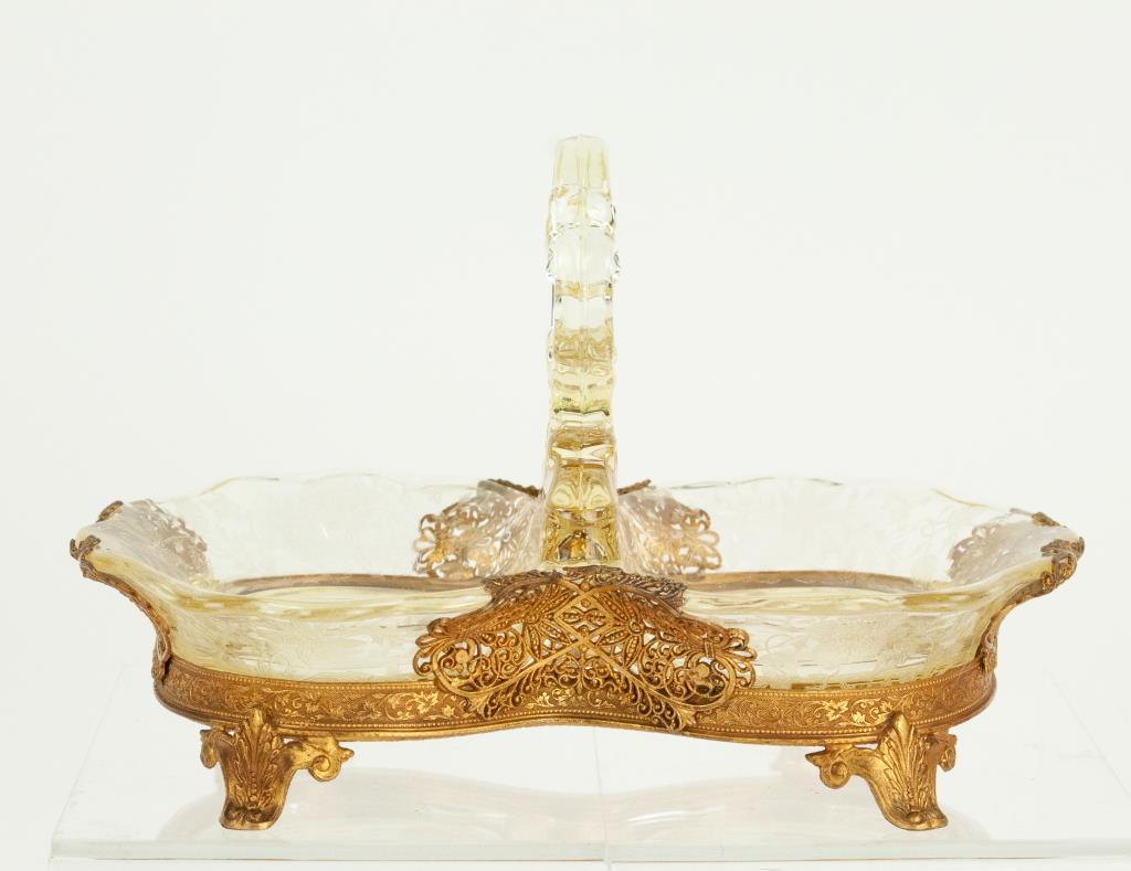 Ormolu Mounted Etched Glass Bowl: Four sides with openwork ormolu mounts of stylized anthemions, shaped lower rim with ormolu mount having beaded and trailing vine decoration, scrolled acanthus feet, shaped divided glass bowl with etc