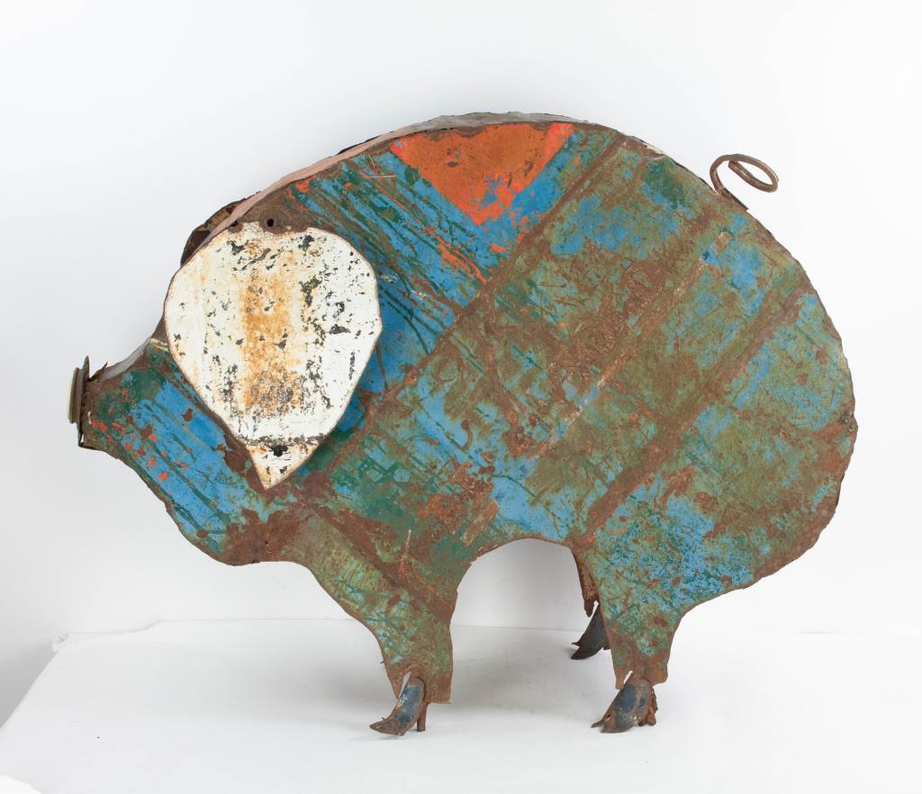 Large Folk Art Painted Tin Pig: Folk art pig made of recycled tin, welded construction, remnants of old paint; 37"L, 14"D, 29"H; some rust (Ref. 689)