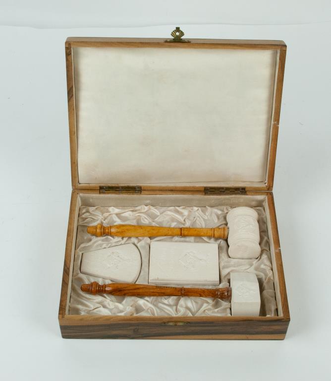 Vintage King Solomon Quarry, Masonic Presentation: Four-piece set of limestone Holy Royal Arch / Chapter tools in an olive wood box lined in satin, hinged lid with carved Freemasonry's logo of square and compass; set includes two Masonic gavels with o