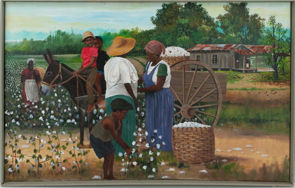 W. Earl Robionson (Mississippi, b. 1950): Oil on canvas depicting a rural homestead with cottonfield, two young boys riding on a mule pulling a cart loaded with a basket of cotton, two women standing beside cart with basket of cotton, one you