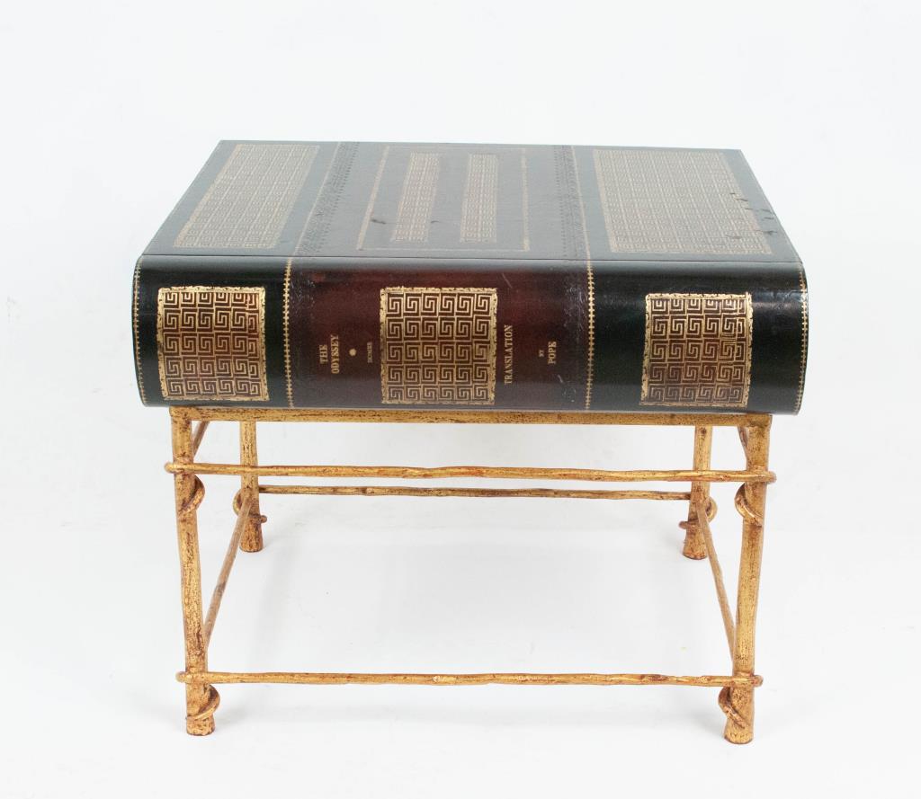 Maitland Smith Faux Leather Book Side Table: Late 20th century, side table having a faux tooled leather book top with drawer, gilt metal rectangular base with stretchers, Maitland Smith label; 19" x 21 1/4", 18"H; good condition with small areas