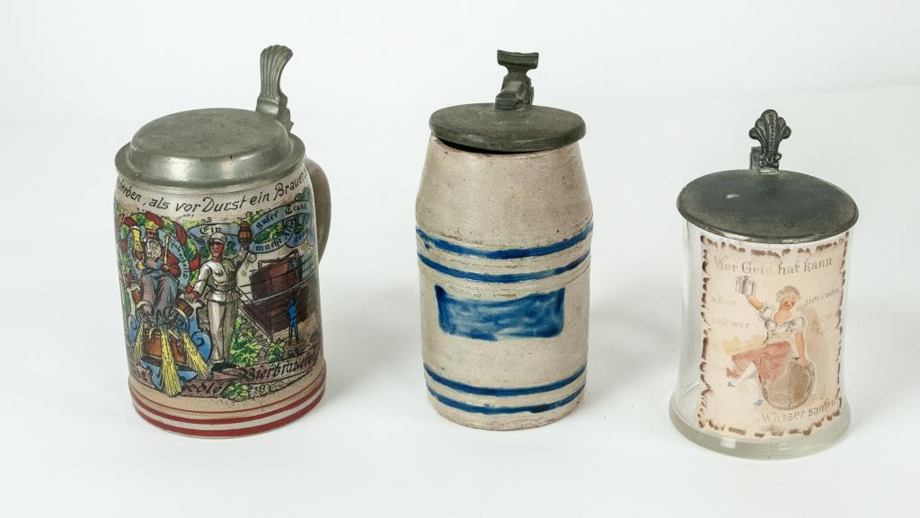 Brewer Occupational Stein & Two Other Steins: 1. Brewer occupational stein; owned by Josef Lanz, Wangen i. Allgau; decorated with colorful scene depicting Gambrinus, other figures and showing scenes and tools associated with beer brewing; numerou