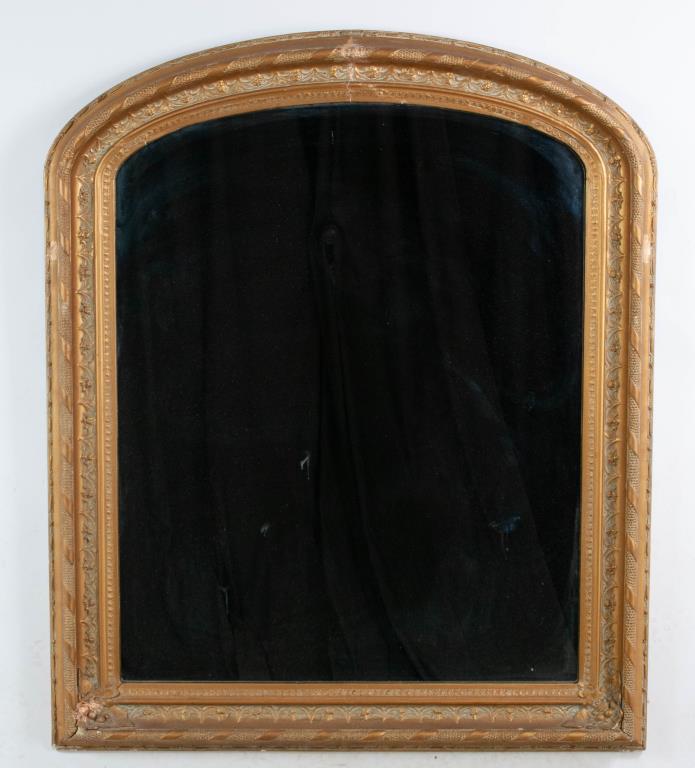 American Gilt Wood Overmantel Mirror: Mid 19th century, arched frame having various decorative moldings including egg and dart; 43 1/4"W x 52"H; scattered losses and repairs
