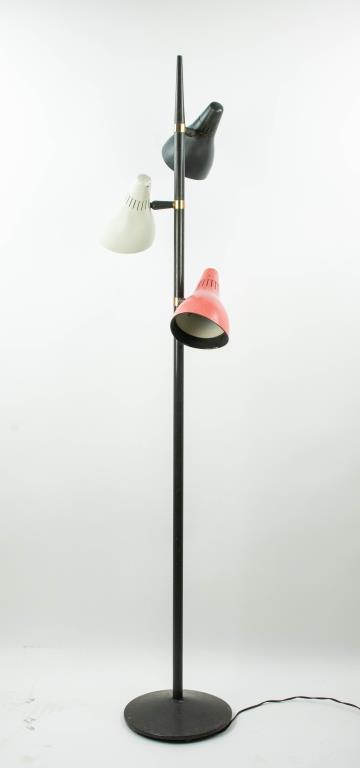 Gerald Thurston, Lightolier MCM Floor Lamp: Mid-century modern floor lamp comprised of a black metal pole with three painted metal conical shades attached (black, white and coral), each with swiveling mount and head, circular metal base with ca