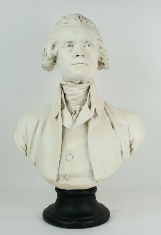 Large Thomas Jefferson Bust, Alva Studios: Painted molded bust of Thomas Jefferson, signed "Â© 81 Alva", after the original by Jean-Antoine Houdon (French, 1741-1828), mounted on round black plinth; approx. 28"H, 19"W; good condition---Dr. J