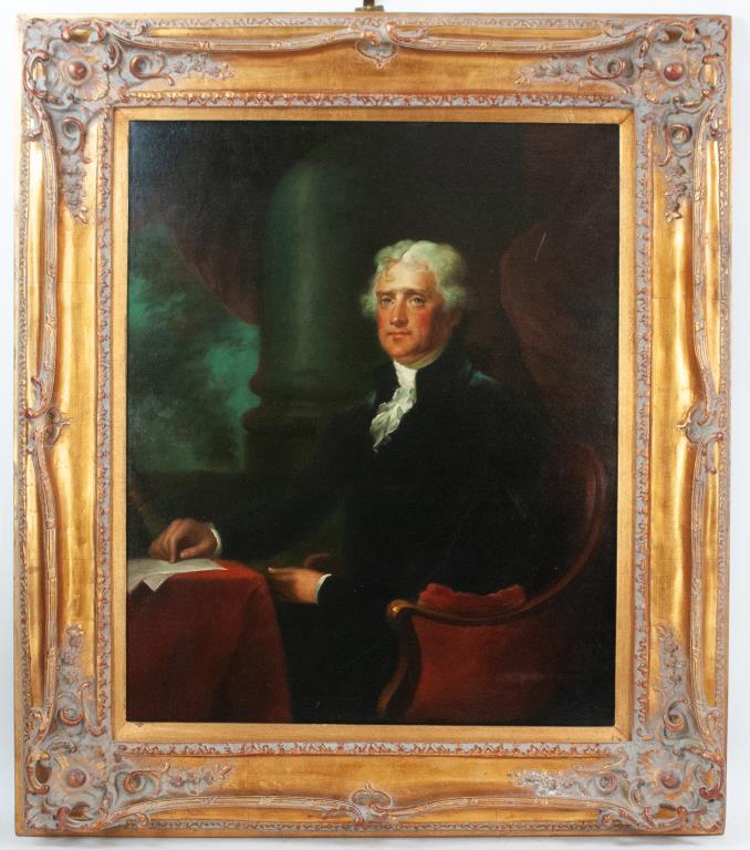 Thomas Jefferson Portrait, After Gilbert Stuart: 20th century, oil on canvas portrait of Thomas Jefferson seated at his desk after Gilbert Stuart's 1805 portrait, signed lower right "C. Spencer", elaborate gilt frame; sight 23 1/2"W x 29 1/2"H; fram