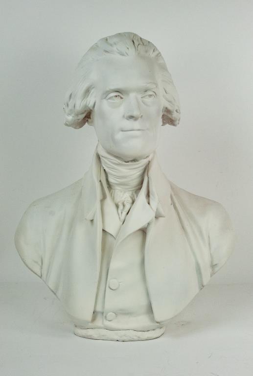 Large Thomas Jefferson Bust: Painted molded bust of Thomas Jefferson, unmarked, after the original by Jean-Antoine Houdon (French, 1741-1828); approx. 23"H, 18"W; good condition with small abrasions to paint---Dr. Jeffrey Willis