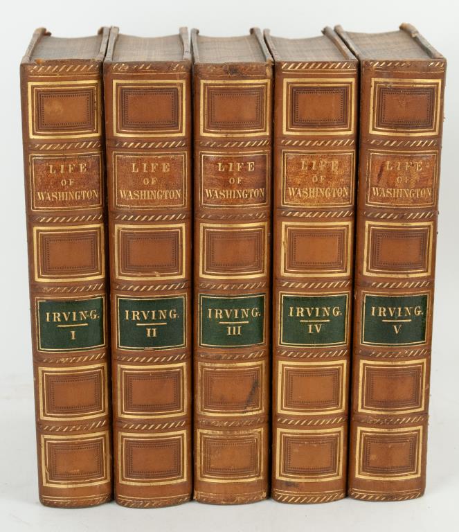 5 Volumes "Life of George Washington" by Irving: Volumes 1-5 "Life of George Washington" by Washington Irving; New York: G. P. Putnam & Co. (Vol. I 1857, Vol. II 1857, Vol. III 1859, Vol. IV 1857, Vol V 1859), half brown leather with marbled boards,