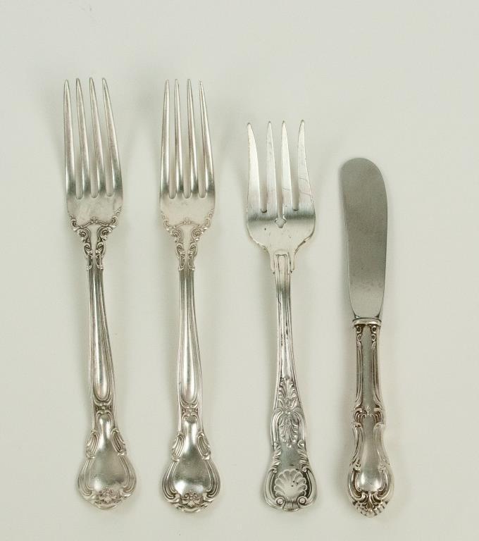 Four Pieces of Sterling Silver Flatware: No monograms: Two 7" forks in Chantilly pattern by Gorham; 6 1/4" salad fork in Kings pattern by Reed & Barton; 5 7/8" butter knife with sterling handle---total weight of three forks 4.040 ozt (Ref. 9