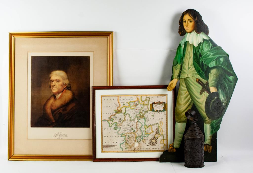 Dummy Board & Other Miscellaneous Items: 1. Dummy board, canvas on wood depicting a young boy in 18th century style clothing, easel back, late 20th century; 37 1/2"H, 17 1/2"W---2. Thomas Jefferson print "Reproduced from the original portrai
