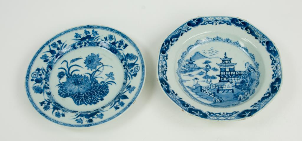 Chinese Blue & White Lotus Plate & Octagonal Bowl: Two pieces of Chinese blue and white porcelain, probably 19th century: 1. Blue and white porcelain lotus plate; 9" dia., 1 1/2"H; minor glaze chips to rim---2. Octagonal blue and white porcelain bowld