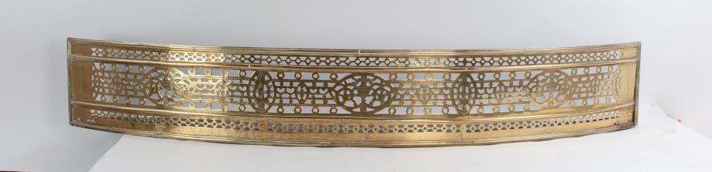 19th C. Federal Style Brass Fireplace Fender: Curved and pierced with iron floor; 49 1/2"W, 8"H; good condition, iron floor with a later extension added (Ref. 8-1)