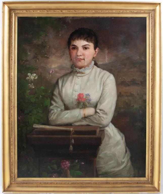 Attributed to William Garl Browne, Jr.: Oil on canvas depicting a young lady holding flowers and with a folded fan laying on pedestal at which she is standing, c. 1886; attributed to William Garl Browne, Jr. (Virginia, 1823-1894), unsigned,