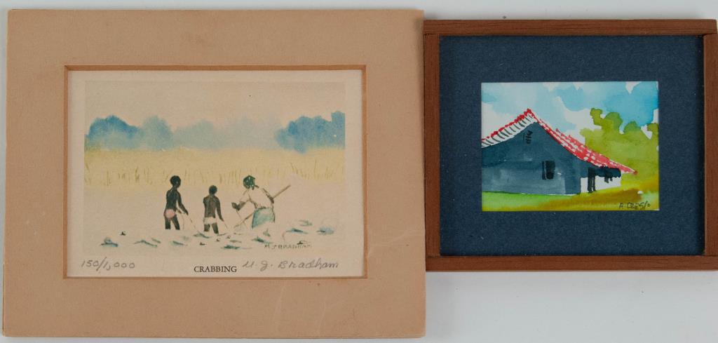 Miniature Lowcountry Watercolor & Ltd. Ed. Print: 1. Miniature limited edition print "Crabbing" by Mary Jane Wood Bradham (South Carolina, 1932-2011), numbered in pencil lower left "150 / 1,000" and signed lower right "M. J. Bradham"; matted, unframe