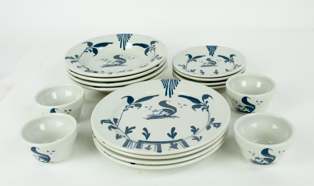Colonial Williamsburg Campbell Tavern Dinnerware: 16-piece set of Colonial Williamsburg, Christiana Campbell's Tavern, dinnerware, blue and white decorated with squirrel and grapevine: Four 9 3/4" plates, four 9" soup bowls, four bouillon cups, four 