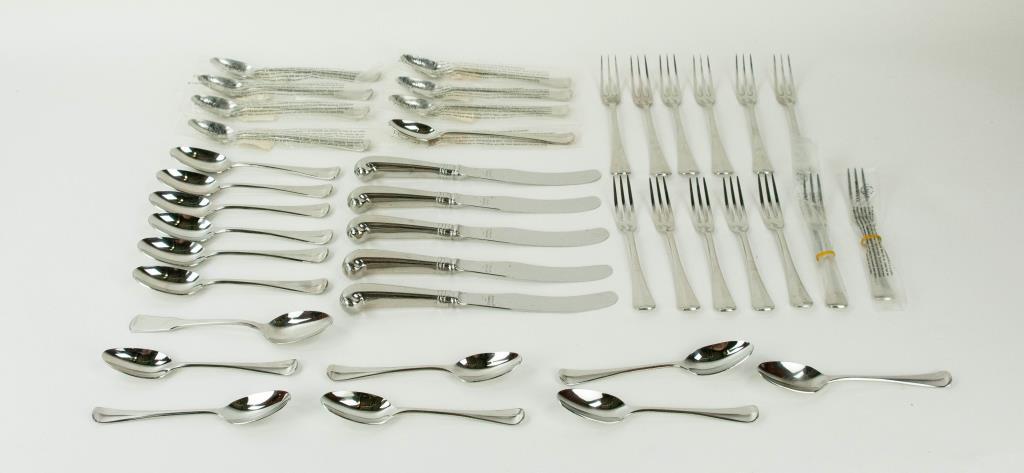 Colonial Williamsburg Royal Scroll Stainless Steel: Colonial Williamsburg stainless steel flatware in the Royal Scroll pattern by Lenox: Six 8" dinner forks, seven 7" salad forks, seven 7" soup spoons, seven 6 1/2" teaspoons, eight 7 3/4" iced beverage