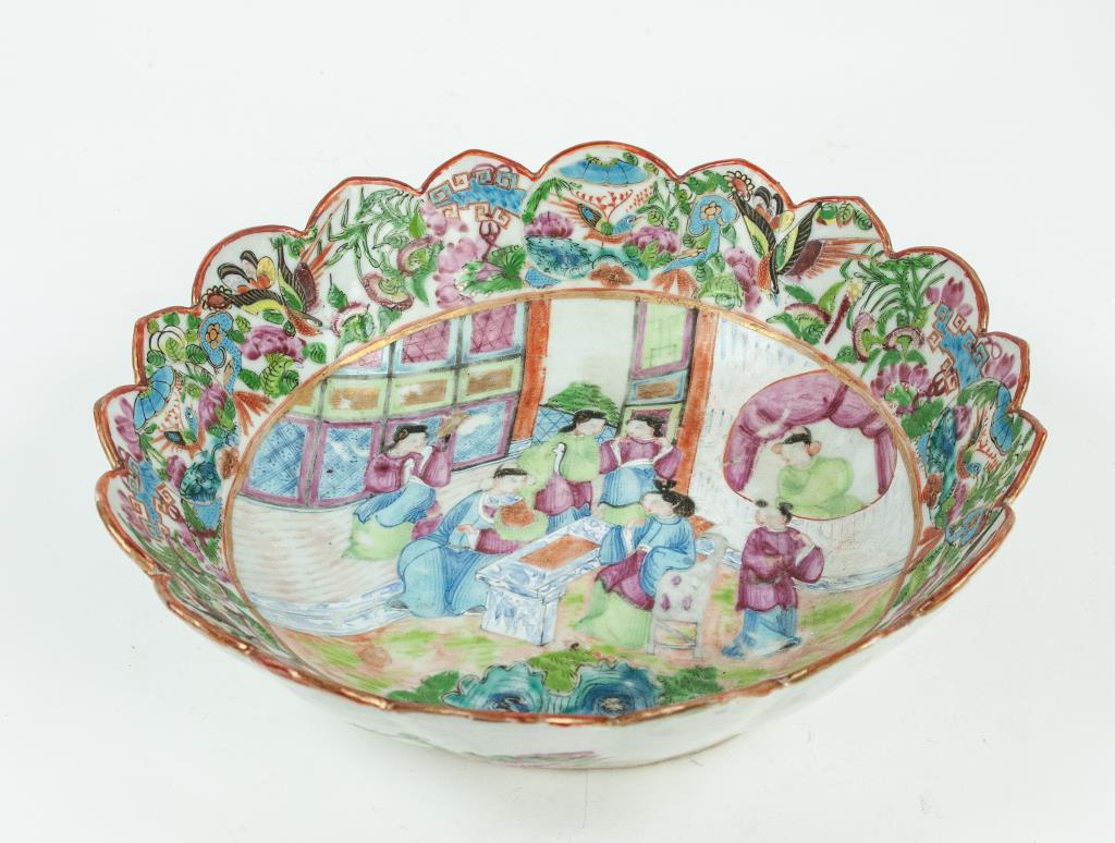 Chinese Export Rose Mandarin Berry Bowl: Scalloped edge bowl having polychrome painted court scene at center beneath a bird in lantern pattern border, exterior with four floral sprays, 19th century; 10 1/2" dia., 3"H; good condition---Dr. Je
